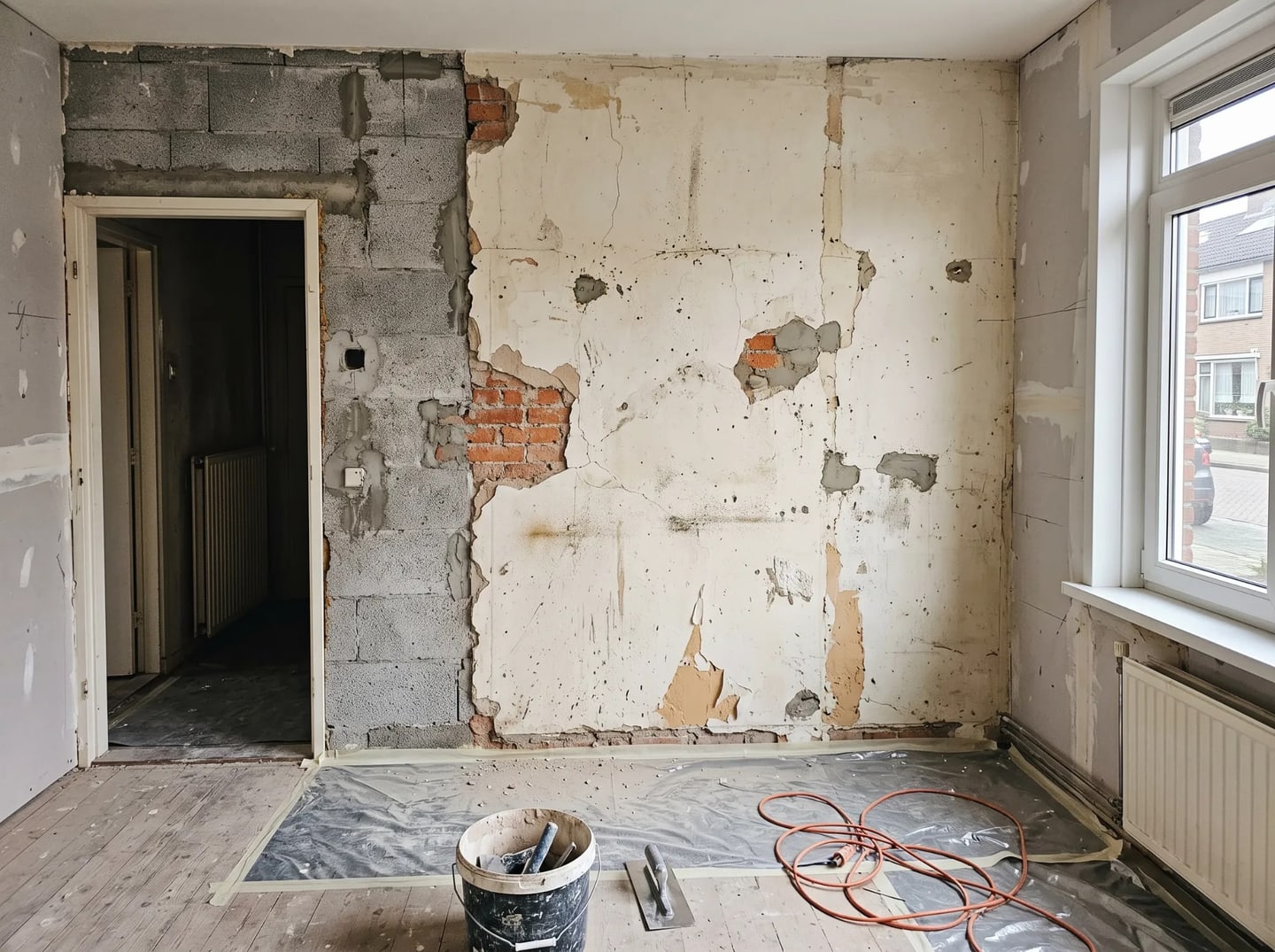 Woonkamer tijdens renovatie, muren nog ruw en onafgewerkt vóór het stucwerk